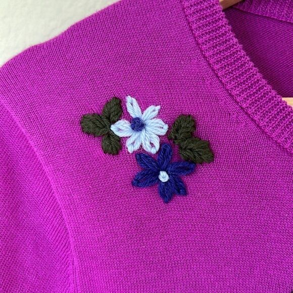 Lands’ End Purple Embroidered Floral Cardigan Sweater 100% Cotton Size Small - Picture 3 of 8